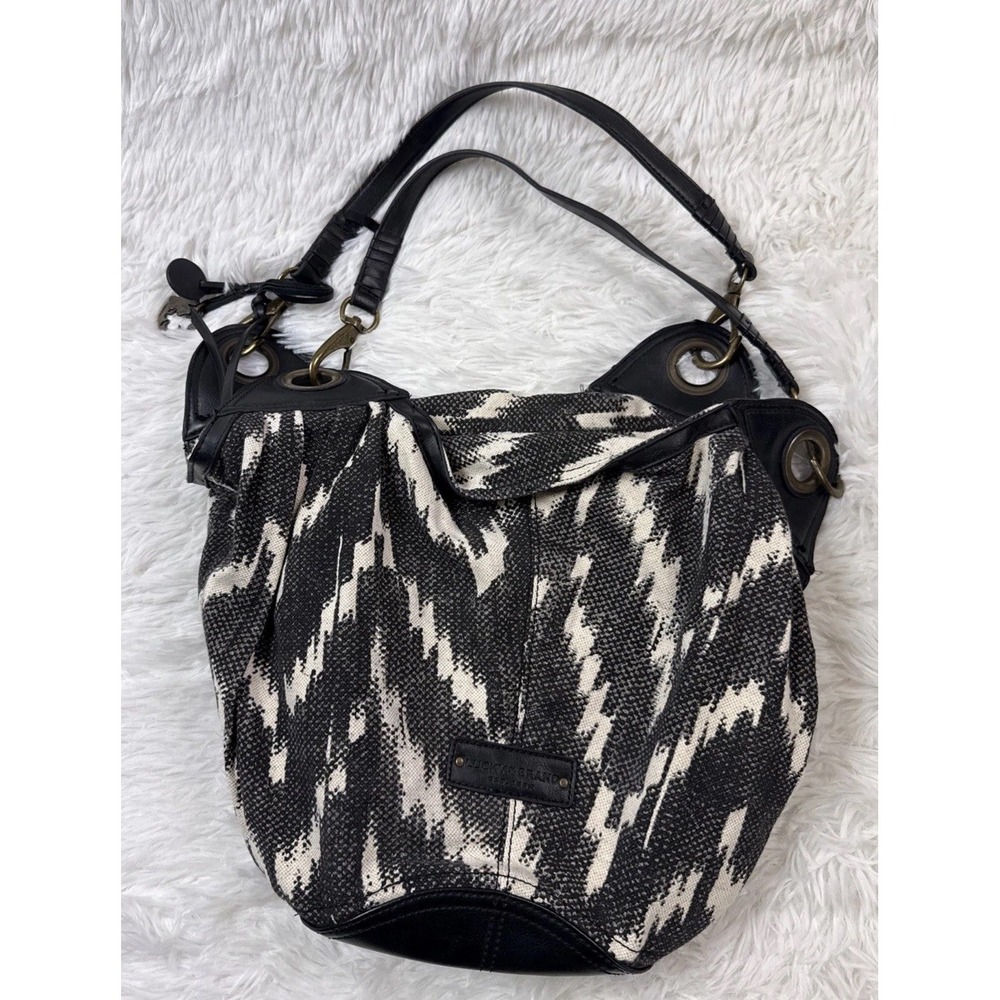 Lucky Brand Bali Hai Black White Canvas Hobo Shoulder Bag Boho Ikat Zip